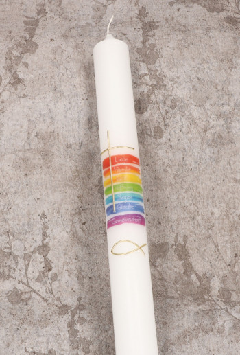 Symbolkerze 400x40 mm Druck- und Wachsmotiv - Regenbogenfarben - Kreuz und Fisch in Gold