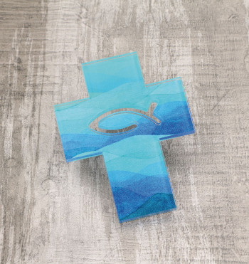 Acrylglas-Kreuz - 11,5 x 14,5 cm - mit Fisch-Symbol