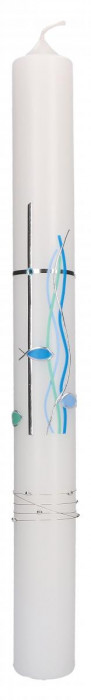 Taufkerze mit aufgelegtem Wachsmotiv mit Perlenband - Kreuz in Silber mit Fischen und Wellen in Blau und Grün