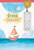 Glückwunschkarte zur Kommunion mit silberner Taschenlampe - Jesus behüte dich