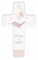 Kinderholzkreuz zur Taufe rosa - Geborgen und behütet
