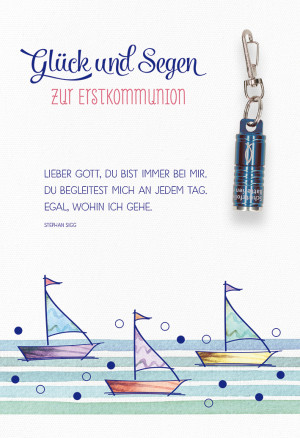 Glückwunschkarte mit blauer Taschenlampe - Glück und Segn zur Erstkommunion