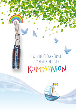 Glückwunschkarte mit blauer Taschenlampe - Herzliche Glückwünsche zur ersten heiligen Kommunion