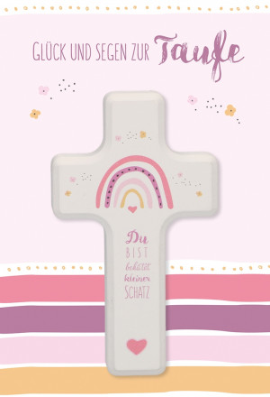 Glückwunschkarte mit Holzkreuz für Mädchen - Glück und Segen zur Taufe