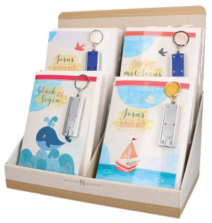 Display - Kommunionkarten mit Taschenlampen und Schlüsselanhängern