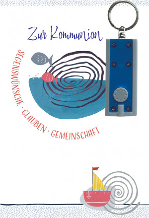 Glückwunschkarte mit blauer Taschenlampe - Zur Kommunion