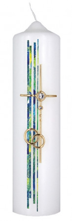 Hochzeitskerze mit aufgelegtem Wachsmotiv Kreuz und Ringe