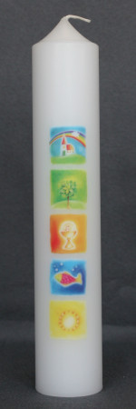 Kommunionkerze mit Druckmotiv Symbole