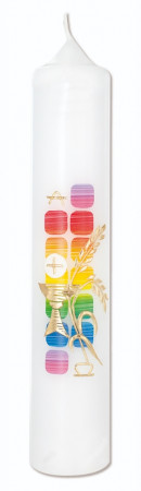Erstkommunionkerze Regenbogen, Kelch und Ähre