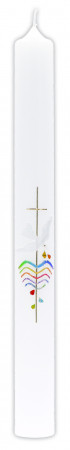 Taufkerze mit Wachsmotiv Kreuz in Gold, weiße Taube und Wellen