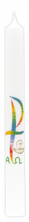 Kommunionkerze mit Wachsmotiv PX in Regenbogenfarben, Kelch in Gold