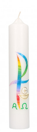 Kommunionkerze mit Wachsmotiv PX in Regenbogenfarben, Kelch in Gold