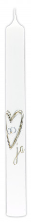 Hochzeitskerze mit Wachsmotiv Herz und Ringe in Silber und Gold