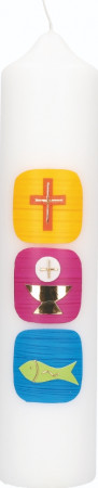 Kommunionkerze mit Wachsmotiv Kreuz, Kelch und Fisch in Gold