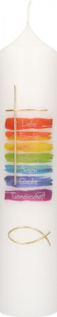 Symbolkerze 250x60 mm Druck- und Wachsmotiv - Regenbogenfarben - Kreuz und Fisch in Gold