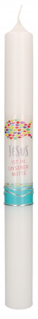Kommunionkerze mit druckmotiv und aufgelegtem Wachsmotiv Jesus ist in unserer Mitte