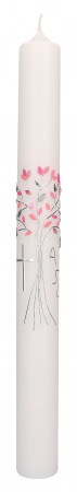 Taufkerze mit aufgelegtem Wachsmotiv - rosa Baum mit Kreuz, Alpha und Omega