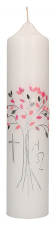 Taufkerze mit aufgelegtem Wachsmotiv - rosa Baum mit Kreuz, Alpha und Omega
