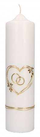 Hochzeitskerze mit aufgelegtem Wachmotiv - Herz und Ringe in Gold