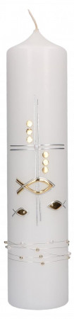 Taufkerze mit aufgelegtem Wachsmotiv mit Perlenband - Kreuz, Fische und Punkte in Silber und Gold