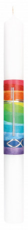 Symbolkerze 400x40 mm Wachsmotiv - Regenbogenfarben mit Fisch und Kreuz in Silber