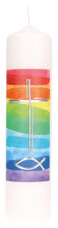 Taufkerze mit Wachsmotiv - Regenbogenfarben mit Fisch und Kreuz in Silber