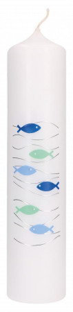 Taufkerze mit aufgelegtem Wachsmotiv - Fische in Blau und Grün mit Wellen in Silber