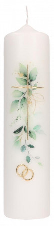 Hochzeitskerze mit Druckmotiv und aufgelegtem Wachsmotiv - Blätterranke mit Kreuz und Ringen in Gold