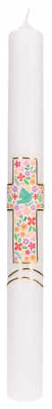 Taufkerze mit Wachsmotiv - Kreuz mit Blumen und Taube als Druckmotiv sowie Kreuz und Wellen in Gold