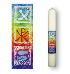Symbolkerze 250x60 mm Druckmotiv Taube, PX und Fische