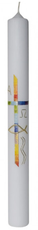Symbolkerze 400x40 mm mit aufgelegtem Wachsmotiv Regenbogenkreuz