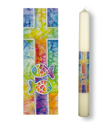 Symbolkerze 400x40 mm Druckmotiv Kreuz und Fische