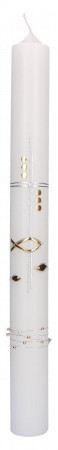 Taufkerze mit aufgelegtem Wachsmotiv mit Perlenband - Kreuz, Fische und Punkte in Silber und Gold