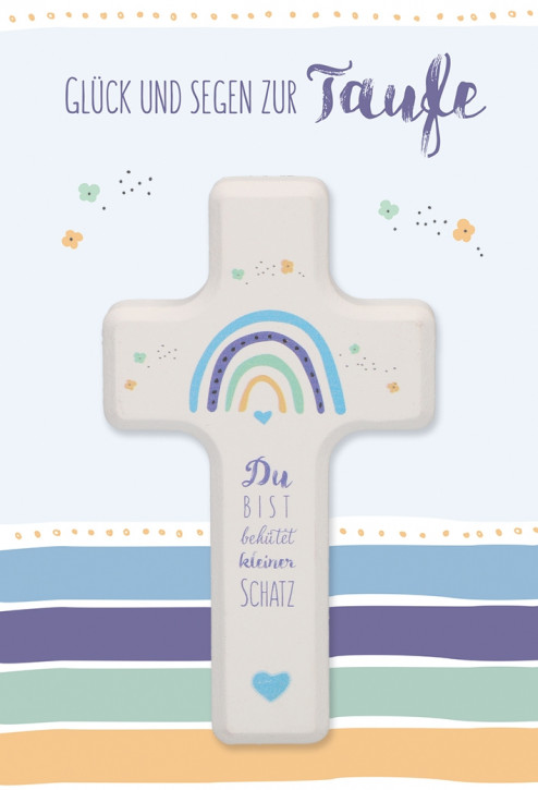 Glückwunschkarte mit Holzkreuz für Jungen - Glück und Segen zur Taufe