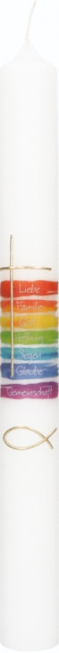 Symbolkerze 400x40 mm Druck- und Wachsmotiv - Regenbogenfarben - Kreuz und Fisch in Gold
