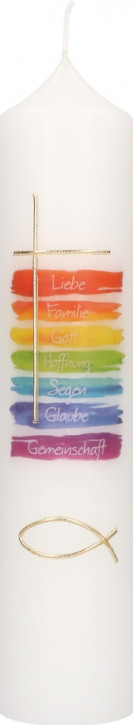 Symbolkerze 250x60 mm Druck- und Wachsmotiv - Regenbogenfarben - Kreuz und Fisch in Gold