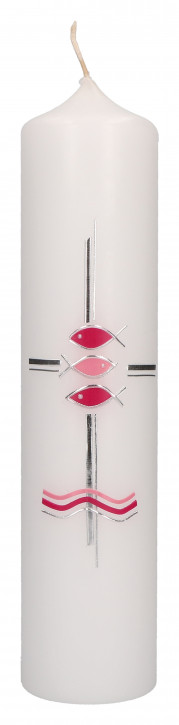 Taufkerze mit aufgelegtem Wachsmotiv für Mädchen - rosa Fische und Kreuz in Silber