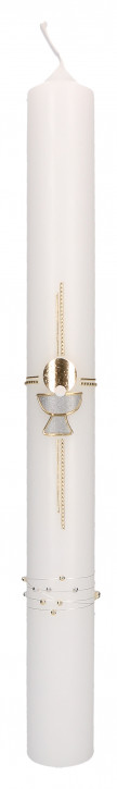 Kommunionkerze mit Wachsmotiv - Kreuz und Kelch in Gold-Silber mit Perlenband