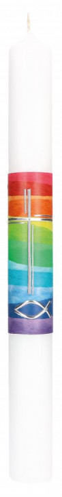 Symbolkerze 400x40 mm Wachsmotiv - Regenbogenfarben mit Fisch und Kreuz in Silber