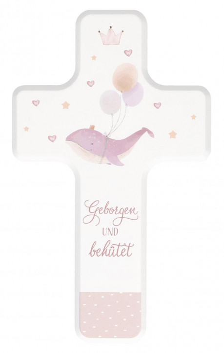 Kinderholzkreuz zur Taufe rosa - Geborgen und behütet