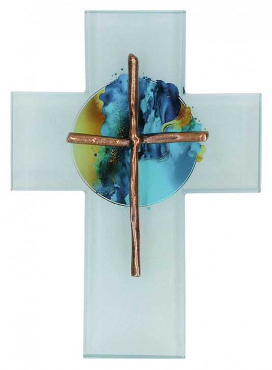 Glaskreuz - 12,5 x 17,7 cm / mit Kreuz aus Bronze