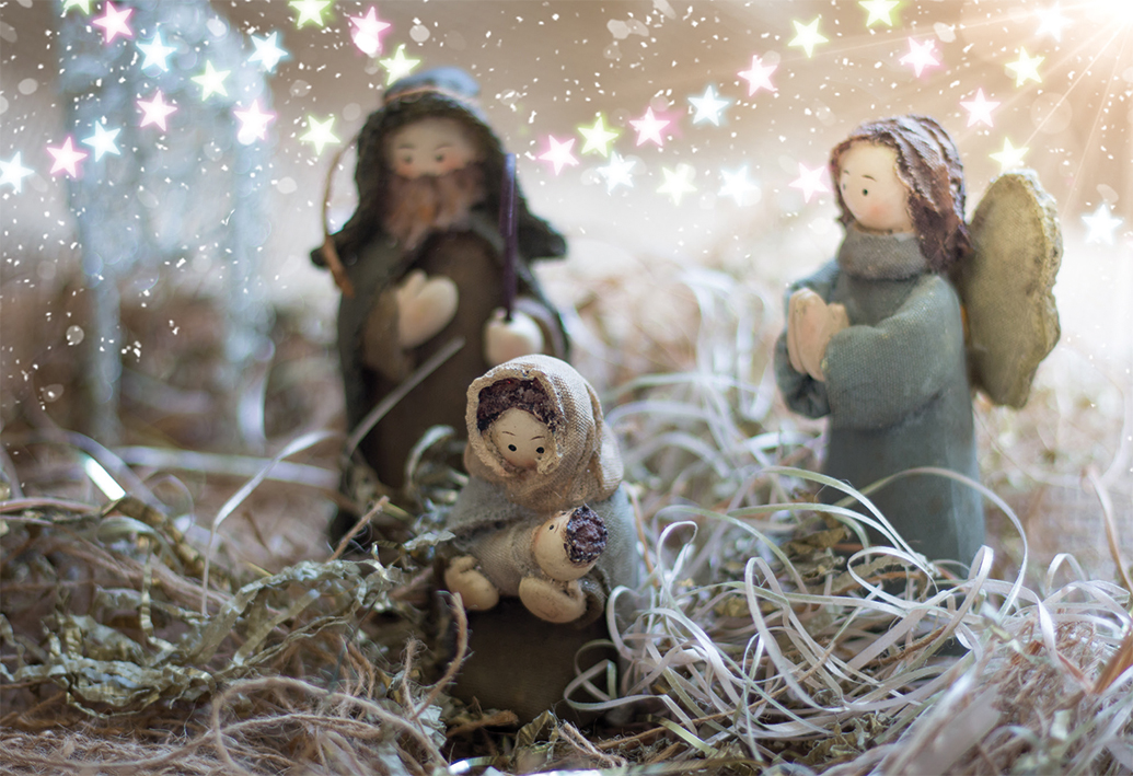 Glückwunschkarte zu Weihnachten - Heilige Familie und Engel