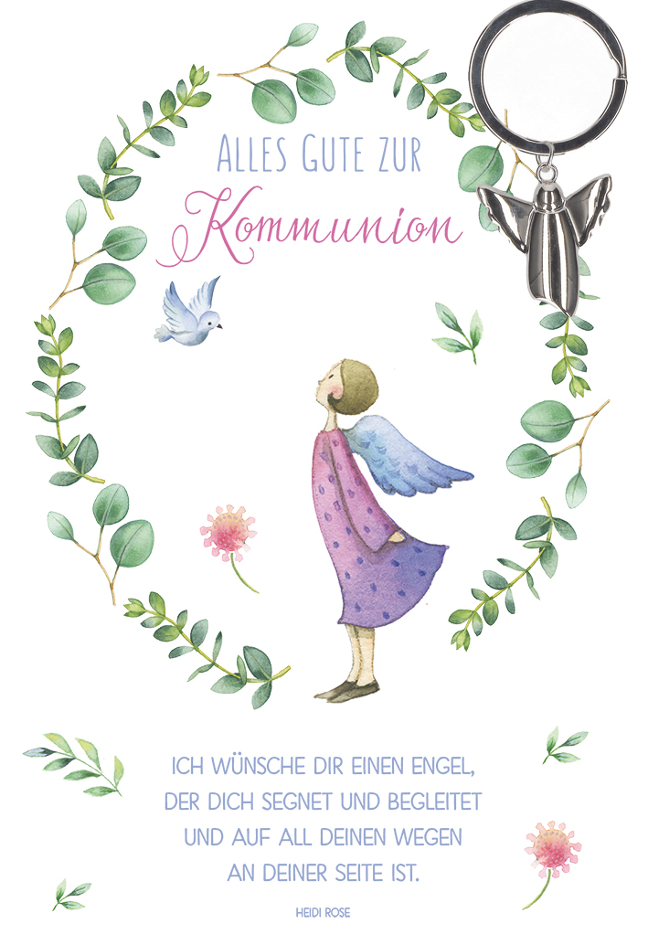 Glückwunschkarte mit EngelSchlüsselanhänger Alles Gute zur Kommunion