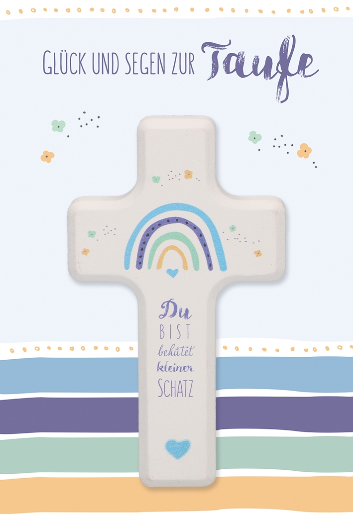 Glückwunschkarte mit Holzkreuz für Jungen - Glück und Segen zur Taufe