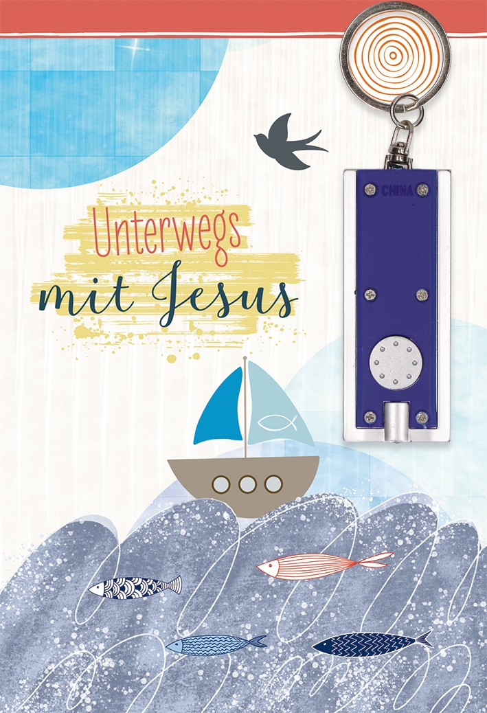 Glückwunschkarte zur Kommunion mit blauer Taschenlampe - Unterwegs mit Jesus