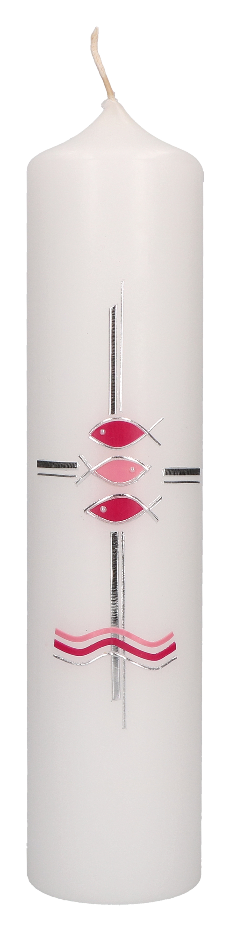 Taufkerze mit aufgelegtem Wachsmotiv für Mädchen - rosa Fische und Kreuz in Silber