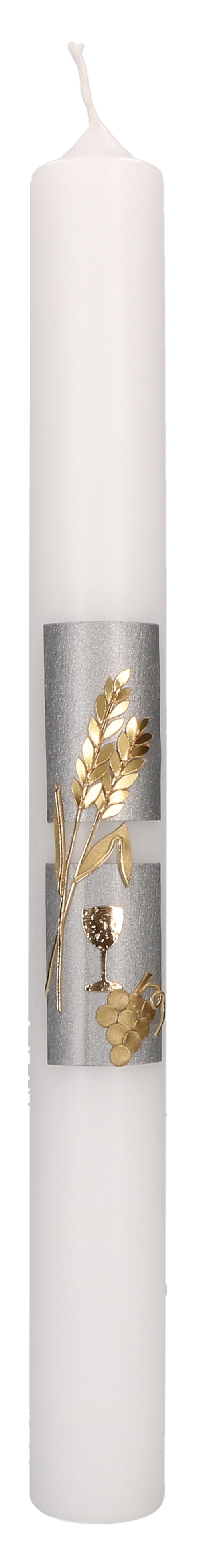 Kommunionkerze mit Wachsmotiv - Kelch, Ähren und Trauben in Gold auf silbernem Hintergrund