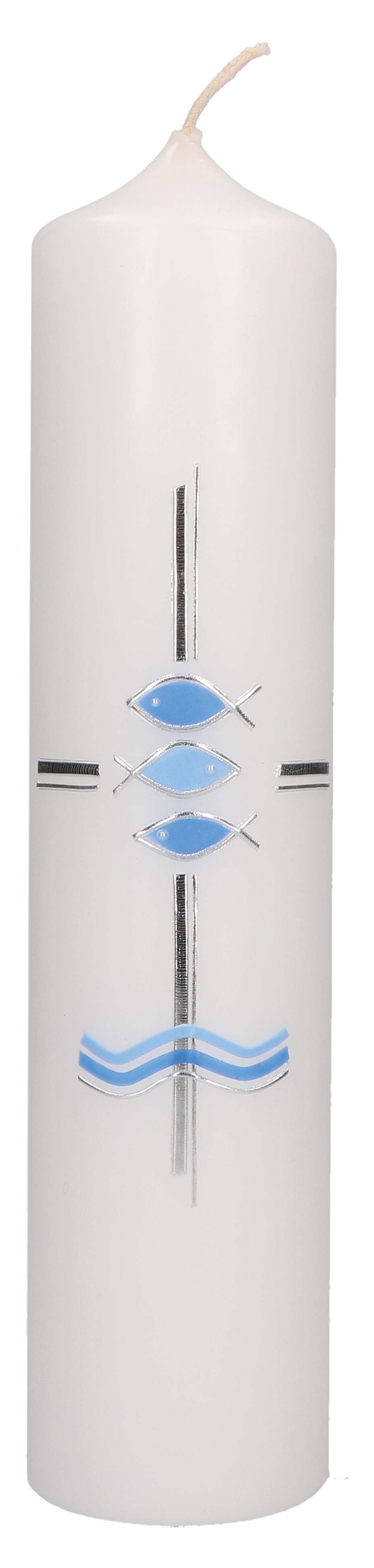 Taufkerze mit aufgelegtem Wachsmotiv für Jungen - blaue Fische und Kreuz in Silber