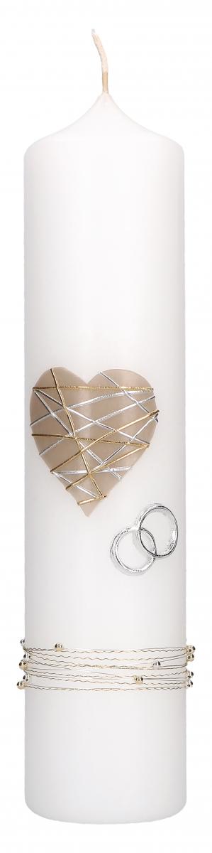 Hochzeitskerze mit aufgelegtem Wachmotiv - Herz und Eheringe in GoldSilber mit Perlenband